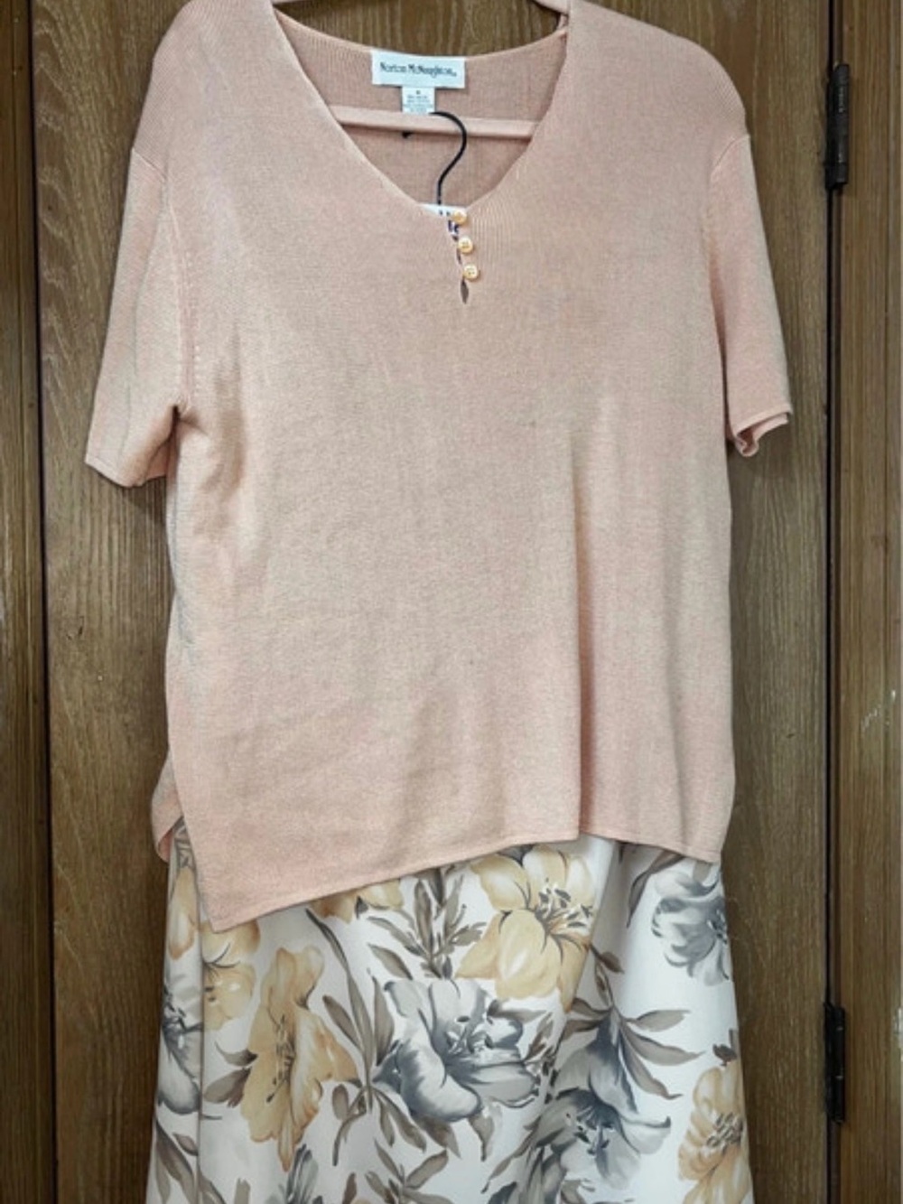 Norton McNaughton Peach Short-Sleeve Knit Top with Button Detail
